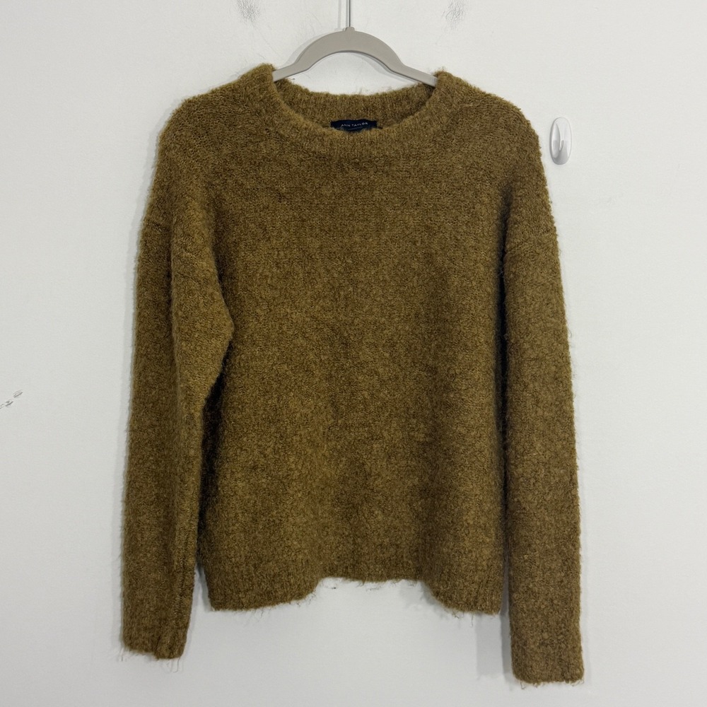 Ann Taylor Womens Sweater Large Green Boucle Quiet Luxury Minimalist Wool Blend